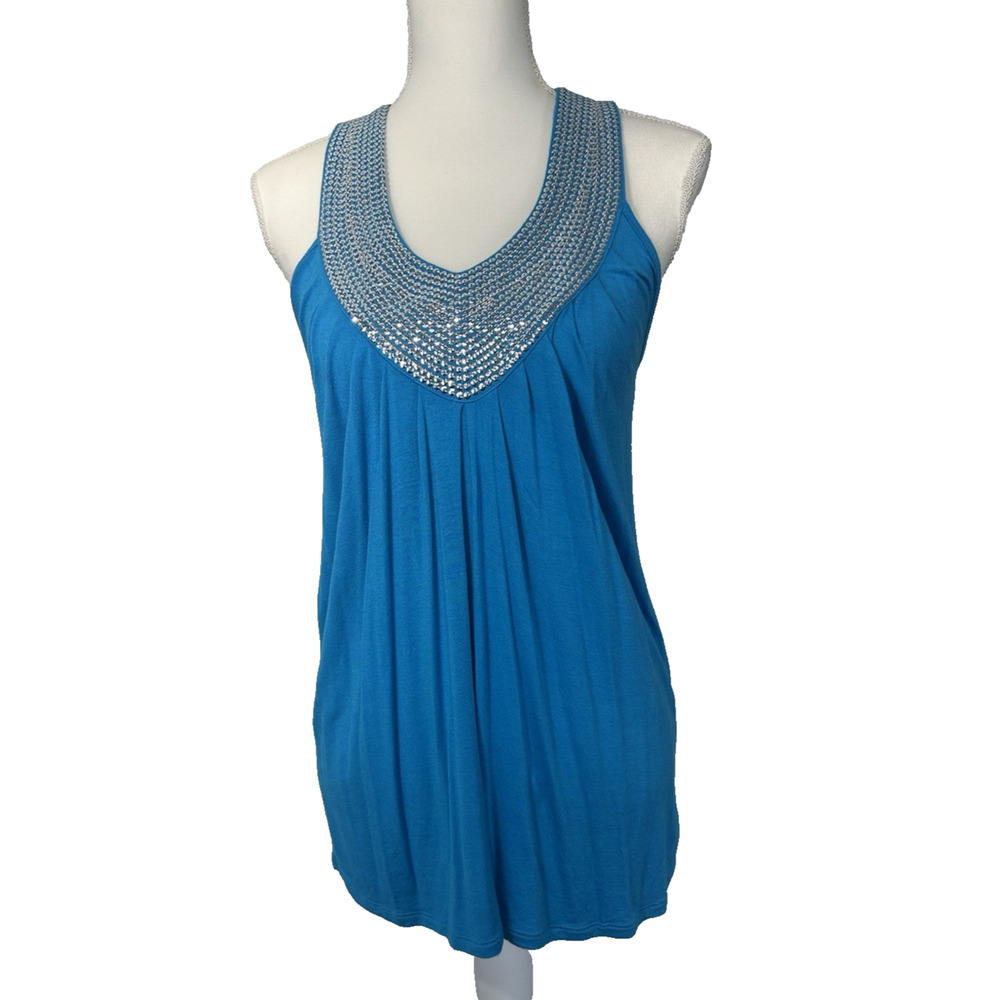 C. Oliver Aqua & Silver Sequin Racerback Tank Top Festival Caquette Bling Sz S